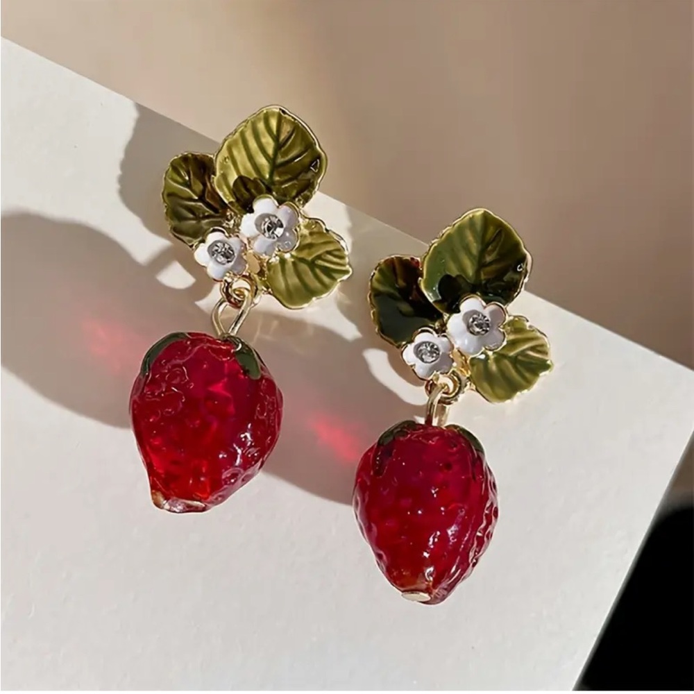 Strawberry Dangle Earrings with Rhinestones